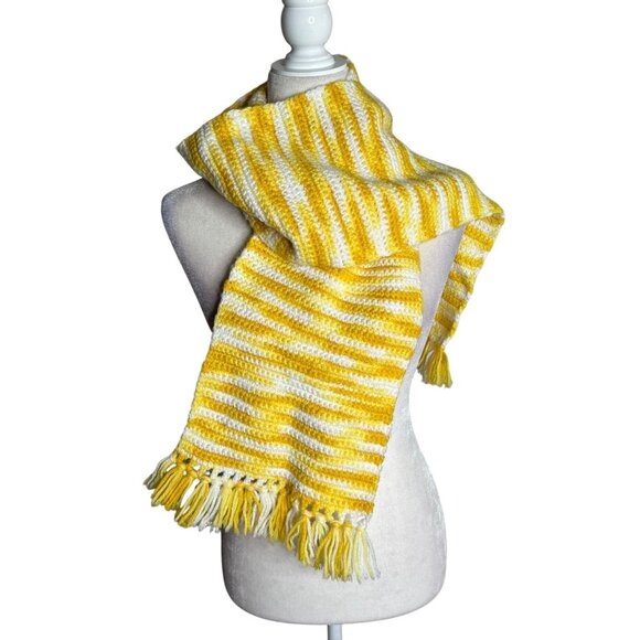Handmade Yellow White Crochet Knit Striped Scarf With Fringe - Picture 2 of 3
